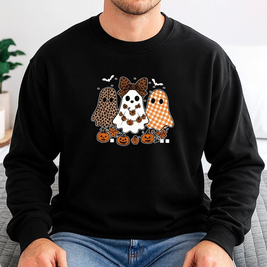 Cute Ghost Trio Sweatshirt | Leopard Print & Gingham Halloween Graphic | Soft Cotton Blend | Fall Holiday Gift for Women and Teens