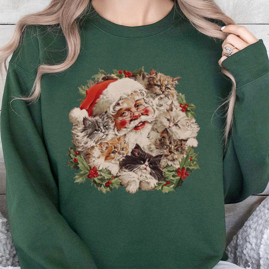 Santa Kittens Christmas Sweatshirt | Vintage Style Cat Lover Holiday Design | Premium Cotton Blend | Funny Xmas Gift For Women And Men