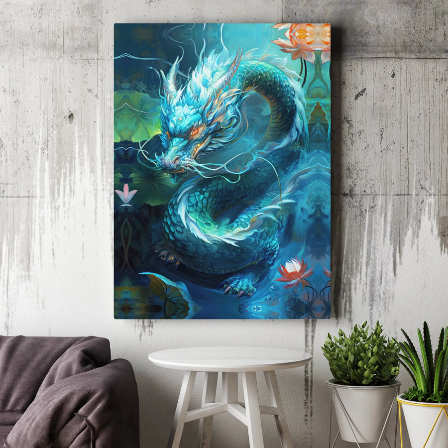 Chinese Dragon Canvas Wall Art | Teal Water Dragon with Lotus Flowers | Premium Gallery Wrapped Canvas | Modern Asian Fantasy Art Gift