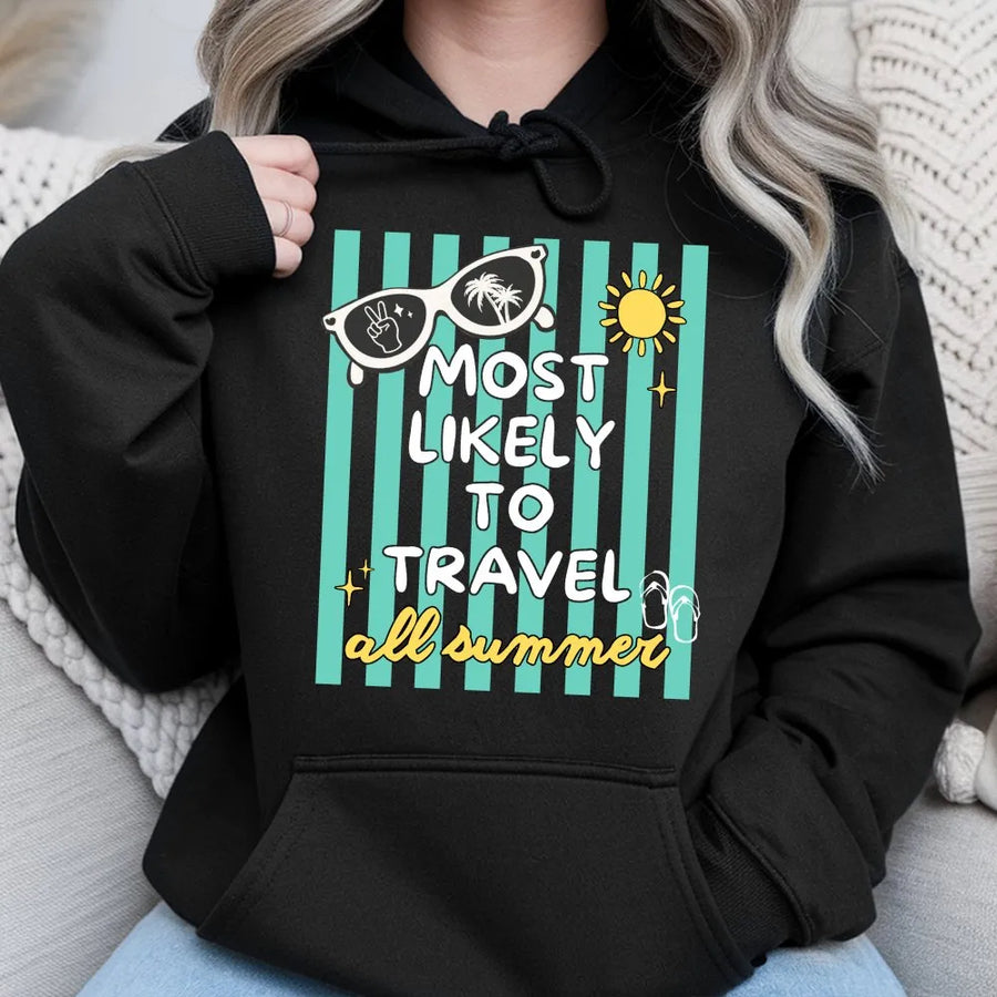 Most Likely To Travel Hoodie | Retro Summer Vacation Graphic | Cozy Unisex Pullover | Gift for Traveler, Family Trip Apparel