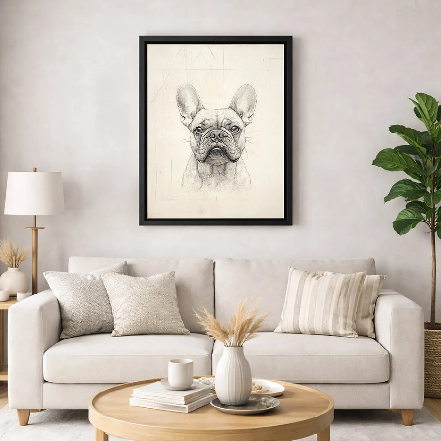 French Bulldog Sketch Canvas Wall Art | Vintage Dog Portrait Drawing | Premium Gallery Wrapped Print | Unique Animal Lover Home Decor Gift