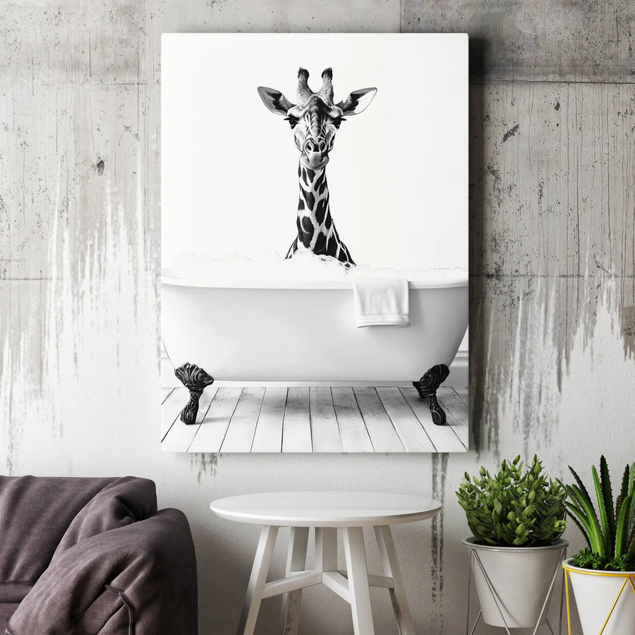 Giraffe In Bathtub Wall Art | Black And White Bathroom Decor | Premium Gallery Wrap Canvas | Whimsical Animal Home Decor Gift