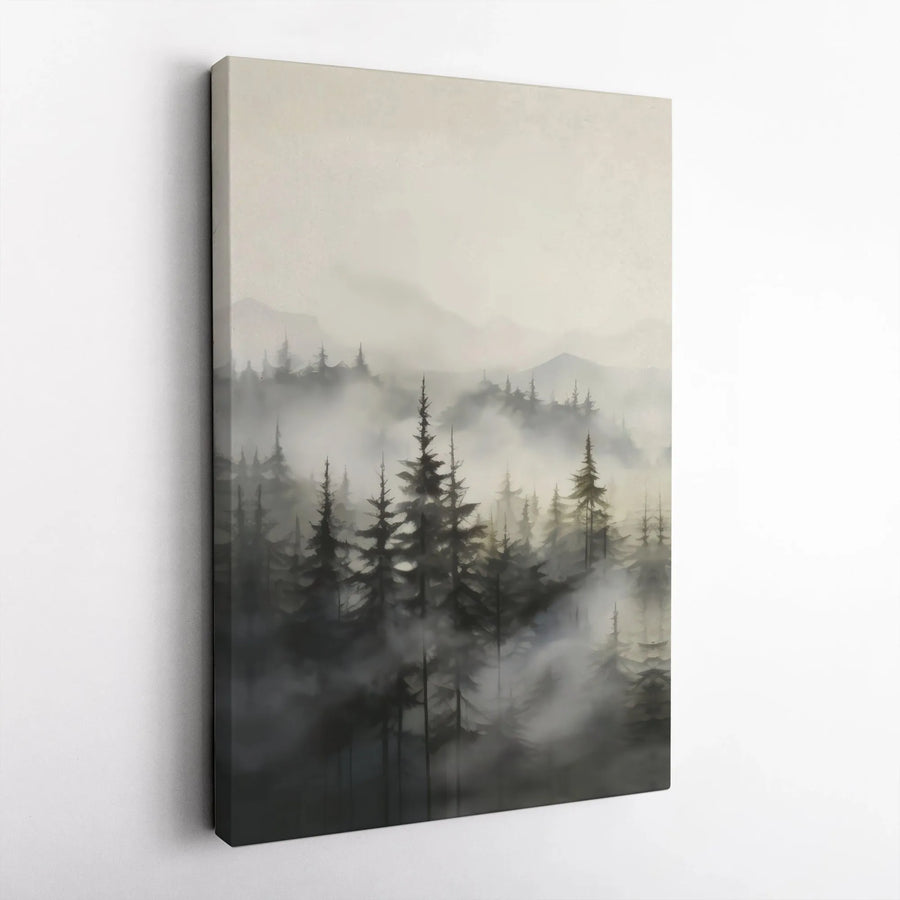 Foggy Pine Forest Canvas | Minimalist Mountain Landscape Wall Art | Gallery Quality Premium Print | Serene Nature Decor For Home Or Office