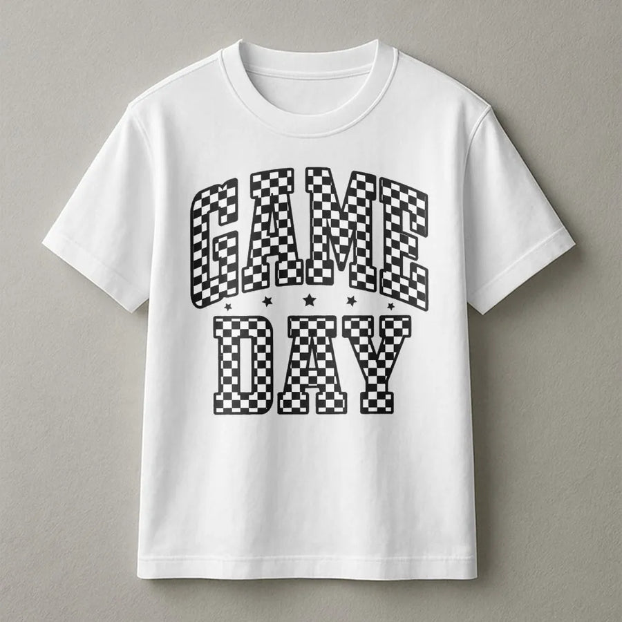 Game Day T-Shirt | Retro Checkered Varsity Font Graphic | 100% Premium Cotton Unisex Tee | Sports Fan Tailgate Apparel Gift For Her Him