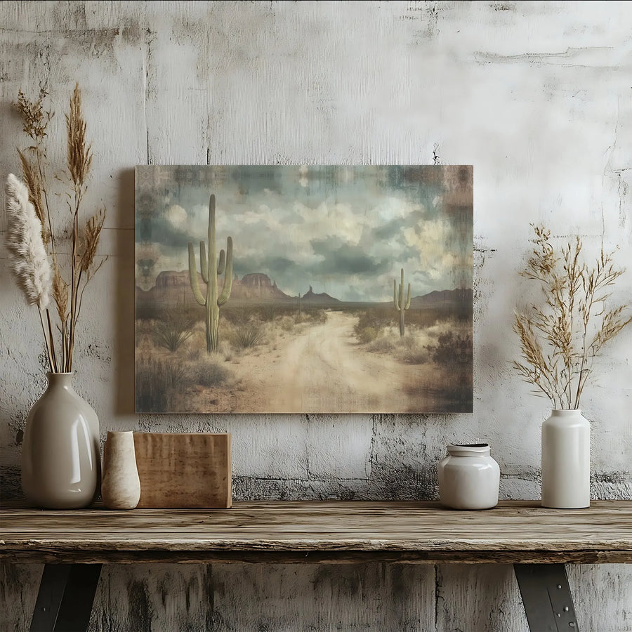 Southwestern Desert Landscape Canvas | Vintage Saguaro Cactus Wall Art | Premium Gallery-Wrapped Print | Western Home Decor for Living Room