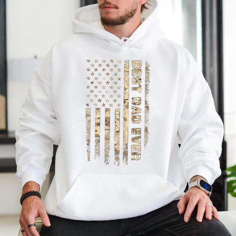 Best Dad Ever Hoodie | Distressed Camo American Flag Graphic | Premium Cotton Blend | Father's Day 2026 Gift for Dad or Grandpa