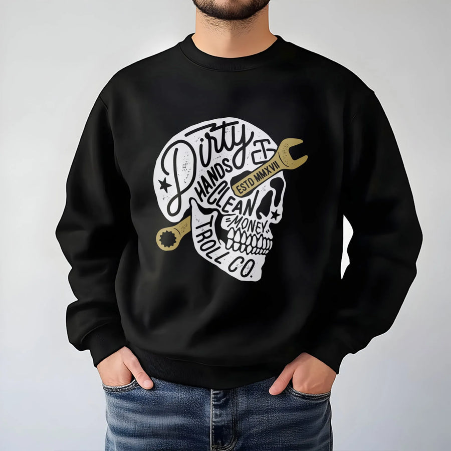 Dirty Hands Clean Money Sweatshirt | Mechanic Skull Tool Graphic | Premium Cotton Blend Crewneck | Gift For Dad Husband Tradesman