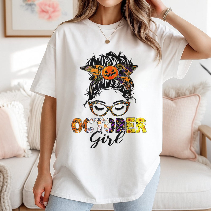 October Girl T-Shirt | Halloween Messy Bun Pumpkin Graphic | Premium 100% Cotton Tee | Cute Birthday Gift For Fall Birthday Girls