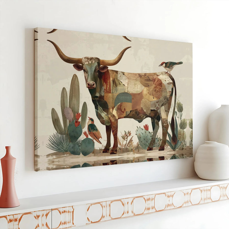 Southwestern Longhorn Canvas Wall Art | Patchwork Desert Bull With Cactus | Premium Gallery Wrap Print | Western Home Office Decor Gift