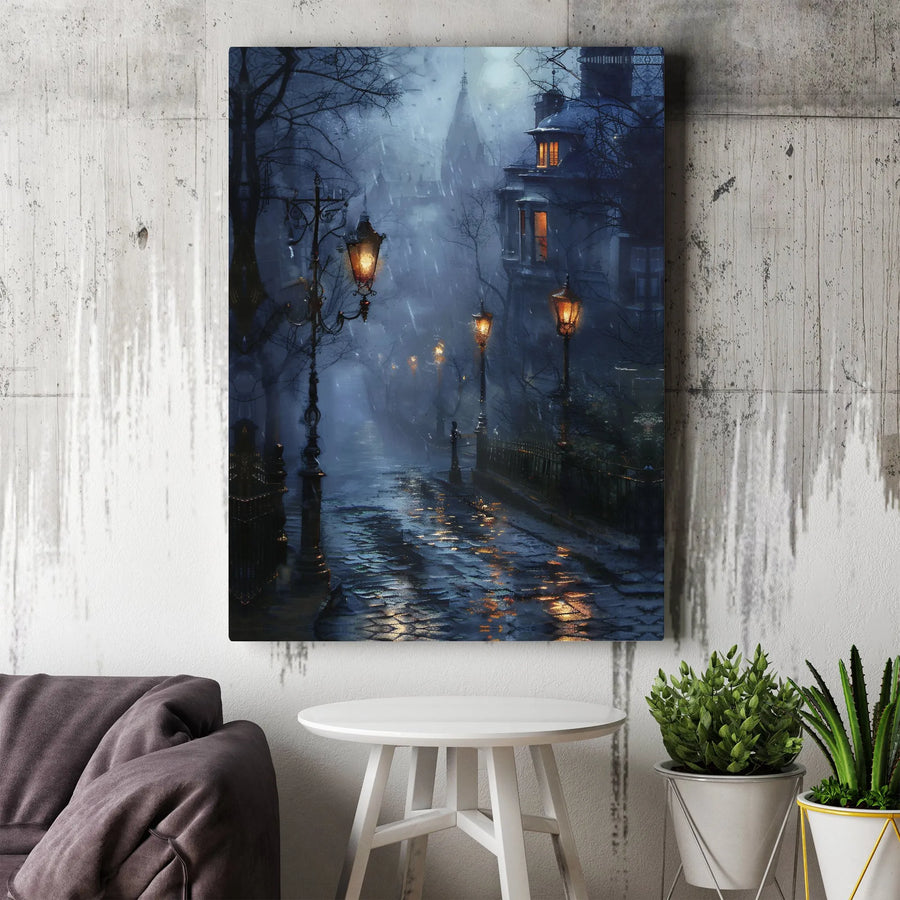 Rainy Night Street Canvas Art | Gothic Cobblestone Lamp Post Print | Premium Gallery-Wrapped Wall Decor | Moody Atmospheric Home Gift