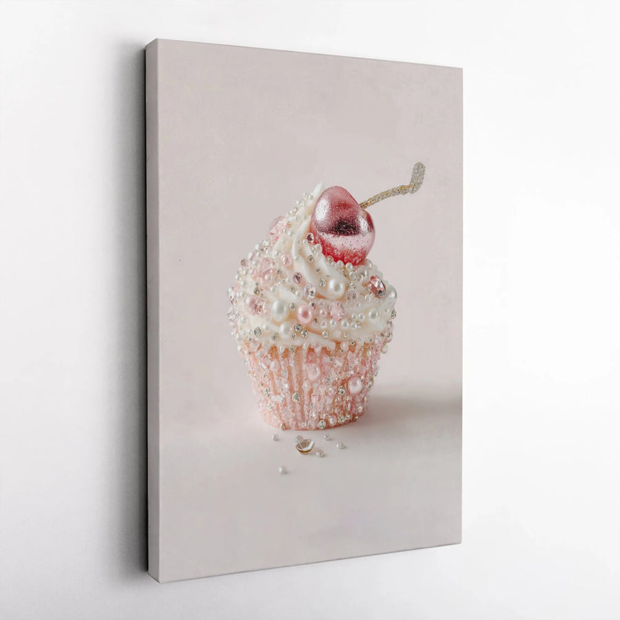 Glam Cupcake Canvas Print | Pink Crystal & Pearl Dessert Art | Premium Gallery Wrapped Canvas | Bakery Decor Gift for Her