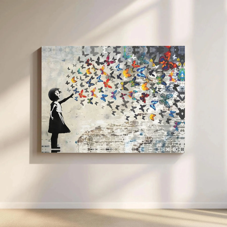 Girl With Colorful Butterflies Canvas Wall Art | Urban Graffiti Street Art Print | 1.25-Inch Gallery Wrap Frame | Modern Home Decor Gift