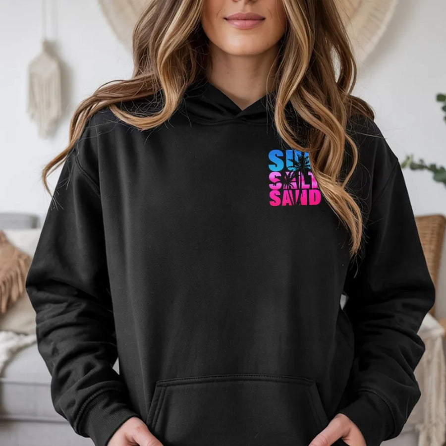 Sun Salt Sand Hoodie | Minimalist Palm Tree Beach Graphic | Cozy Cotton Blend Pullover | Premium Gift for Surfer or Beach Lover