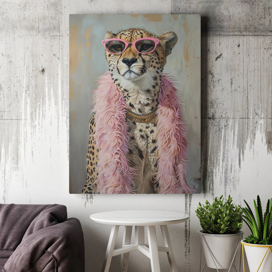 Cheetah Canvas Wall Art | Quirky Safari Animal in Pink Boa | Premium Gallery Wrapped Decor | Fun Gift for Safari Lovers