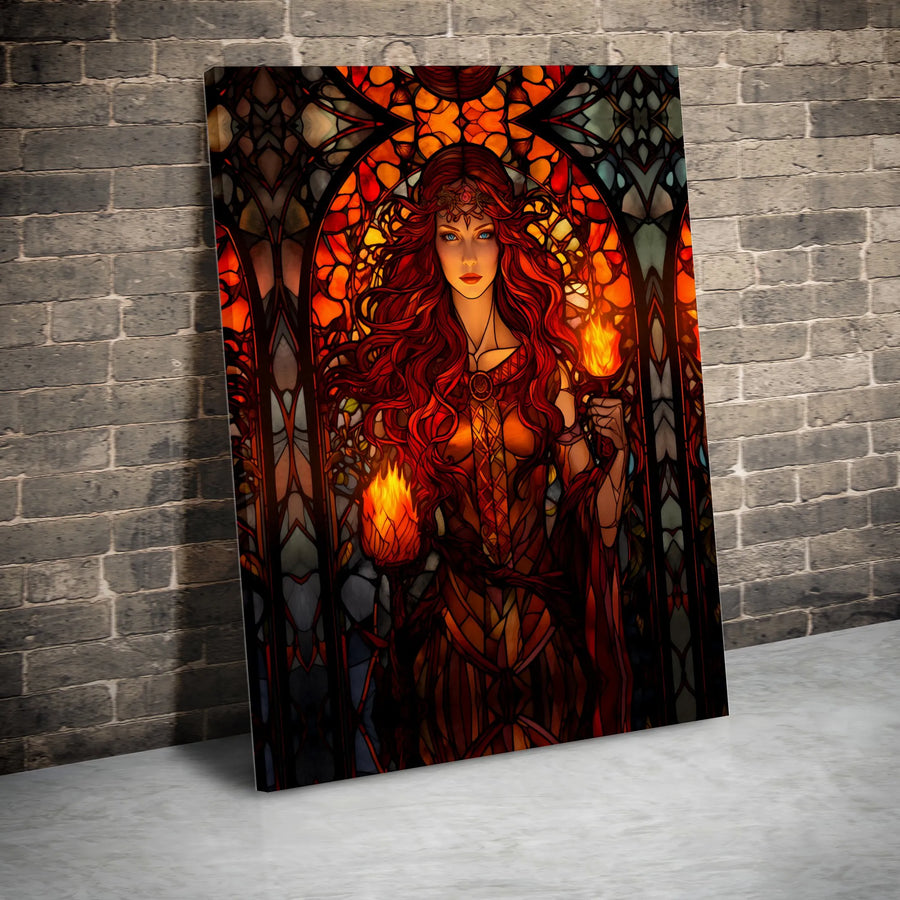 Stained Glass Fire Goddess Canvas Print | Red-Haired Fantasy Wall Art | Premium Gallery Wrapped Decor | Mythical Home Office Gift