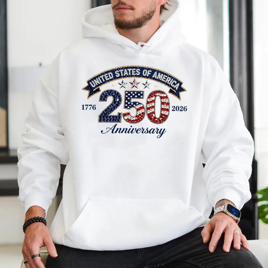 USA 250th Anniversary Hoodie | 1776-2026 Patriotic Rhinestone Flag Design | Premium Cotton-Poly Blend | Unisex Commemorative Gift for Americans