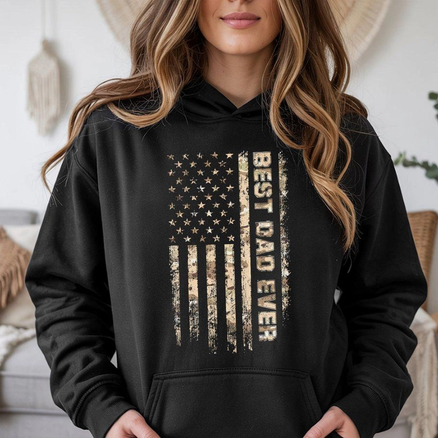 Best Dad Ever Hoodie | Distressed Camo American Flag Graphic | Premium Cotton Blend | Father's Day 2026 Gift for Dad or Grandpa