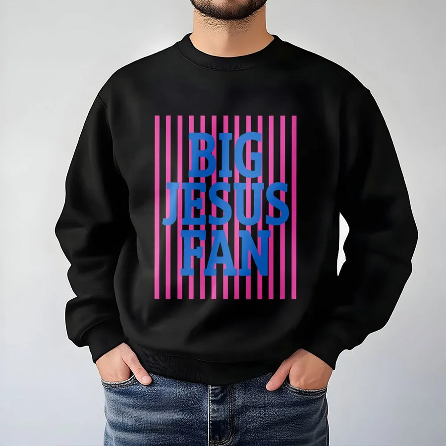 Big Jesus Fan Sweatshirt | Preppy Striped Christian Graphic | Premium Cotton Blend | Inspirational Faith Gift for Women