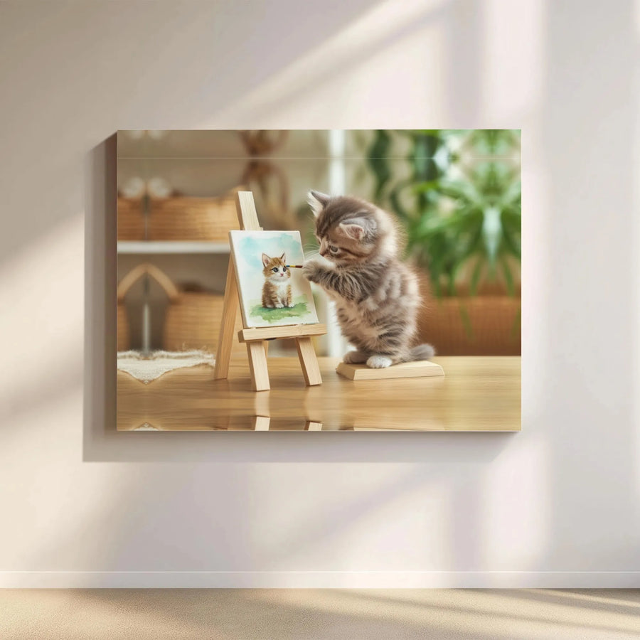 Cute Kitten Artist Wall Art | Painting Cat Print On Canvas | Premium Fade-Resistant Decor | Whimsical Animal Home Decor Gift