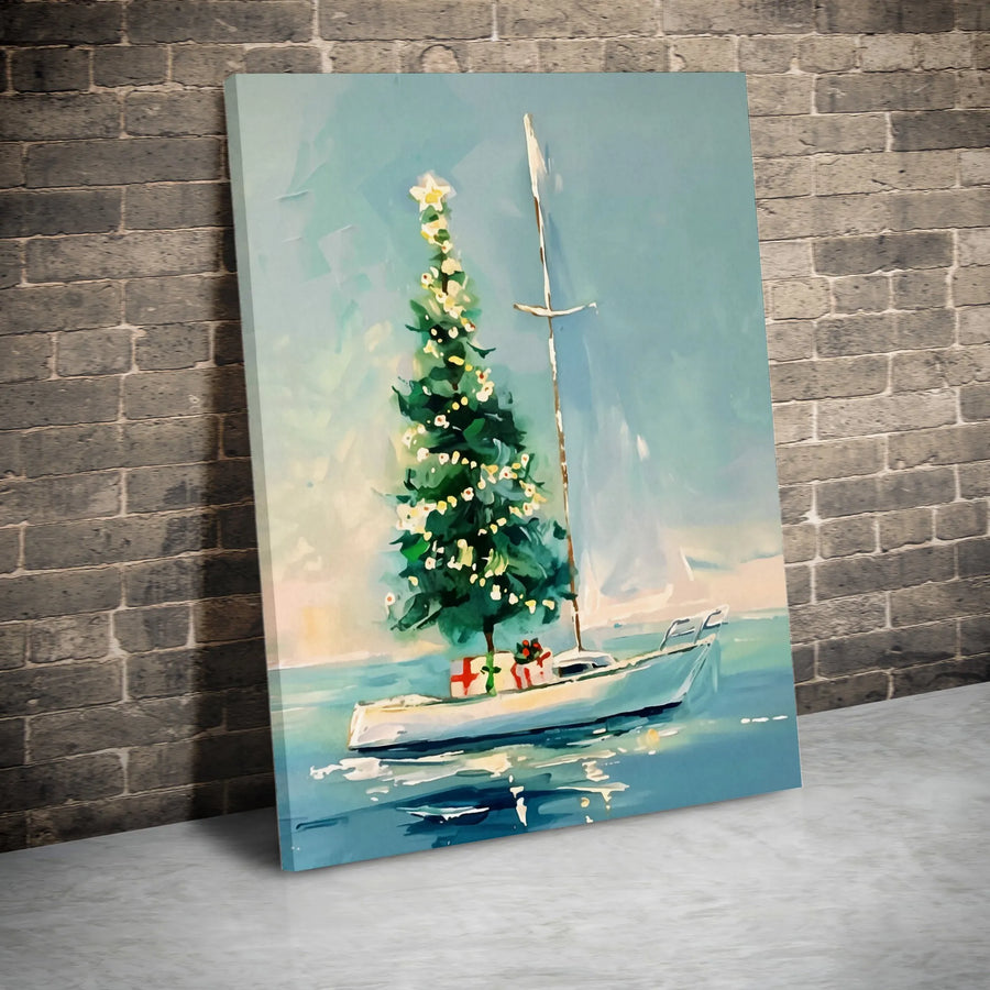 Christmas Tree on Sailboat Wall Art | Nautical Holiday Coastal Decor | Premium Gallery Wrap Canvas | Festive Beach House Christmas Gift