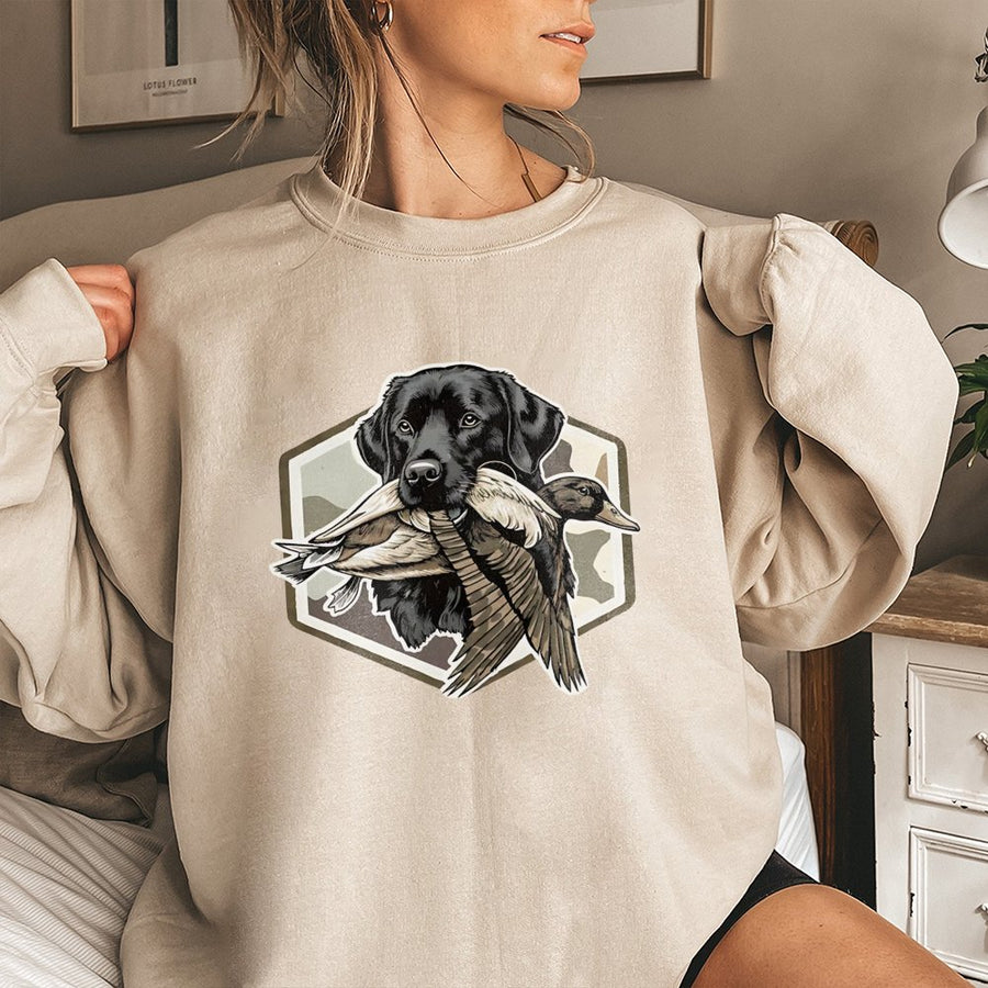 Black Labrador Retriever Sweatshirt | Duck Hunting Dog Graphic Design | Premium Cotton Blend Crewneck | Gift for Hunters and Outdoor Enthusiasts