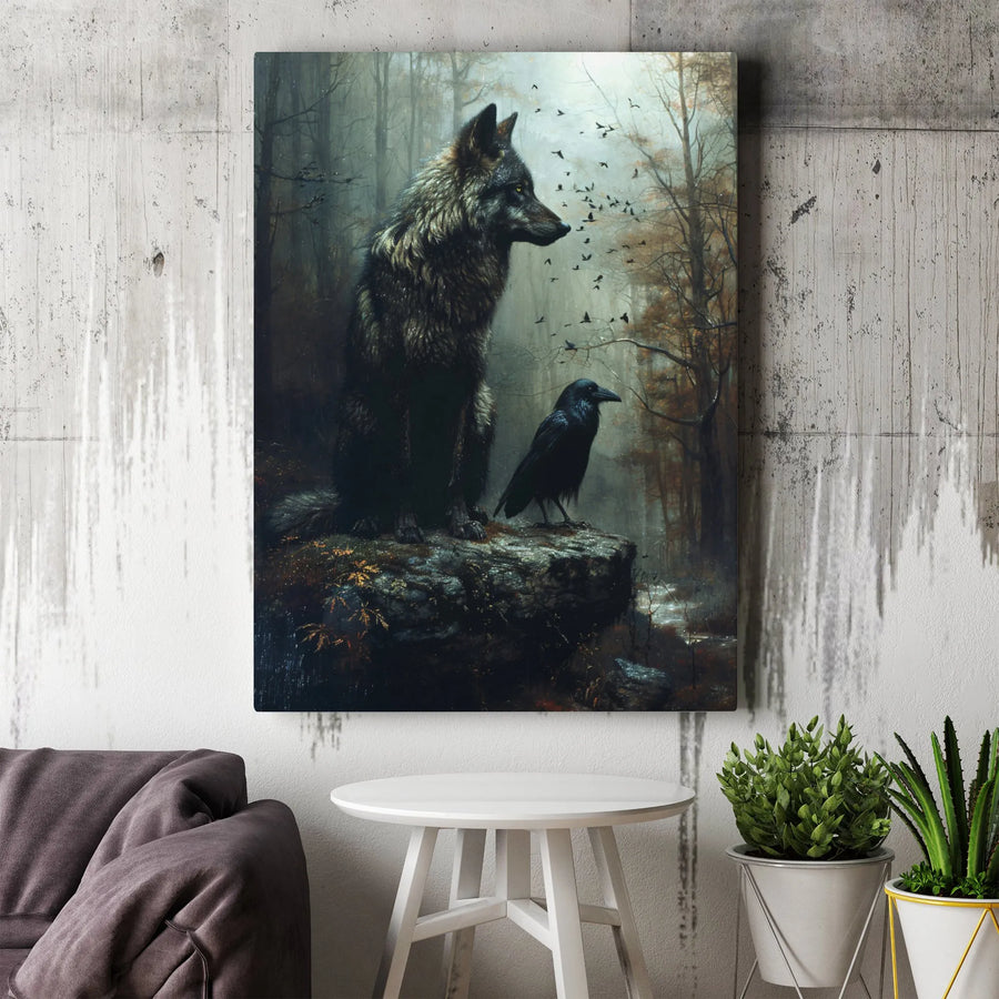 Wolf and Raven Canvas Wall Art | Dark Forest Mystical Wildlife Print | Premium Gallery Wrap Decor | Nature Lover Gift for Home Office