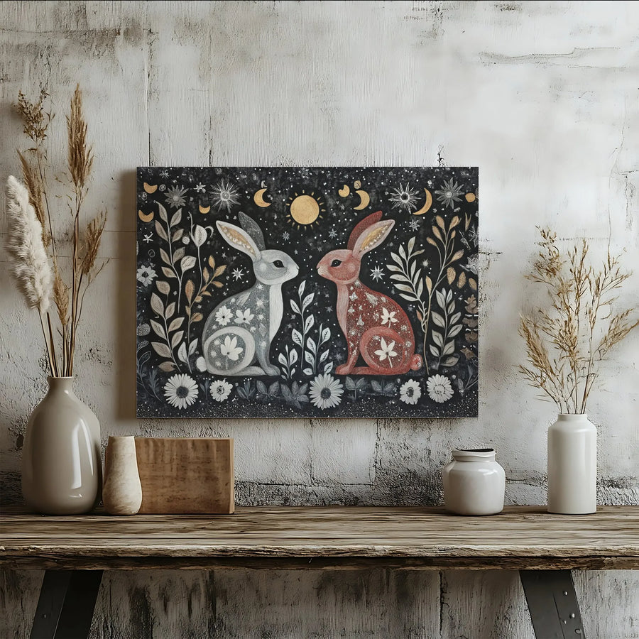Celestial Rabbits Canvas Art | Whimsical Folk Art Sun and Moon Print | Premium Matte Wall Decor | Bohemian Nursery Gift