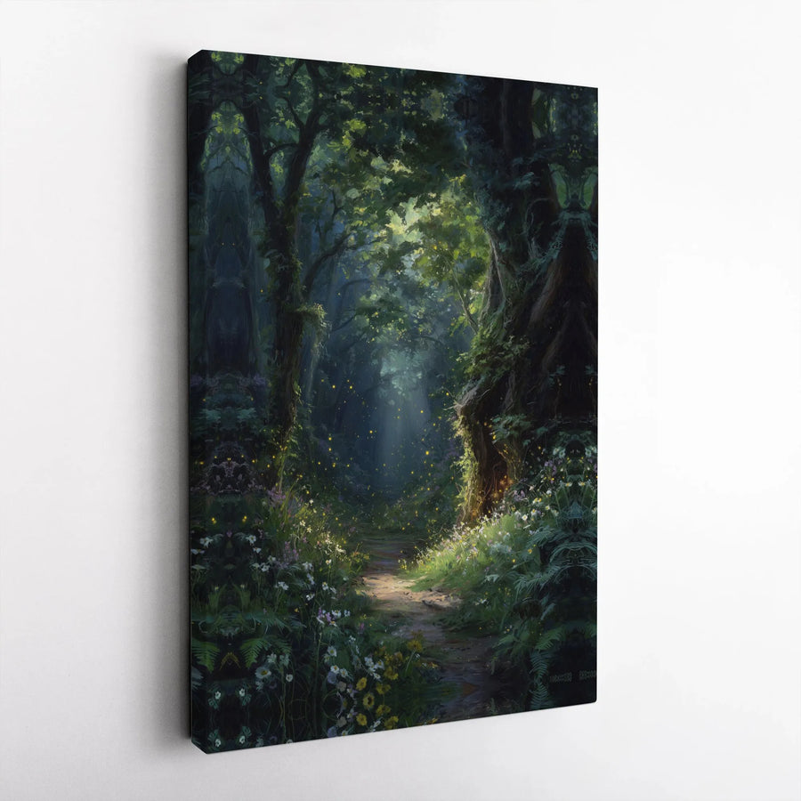 Enchanted Forest Canvas Wall Art | Mystical Firefly Path Painting | Premium Gallery Wrapped Canvas | Fantasy Lover Gift for Living Room Decor