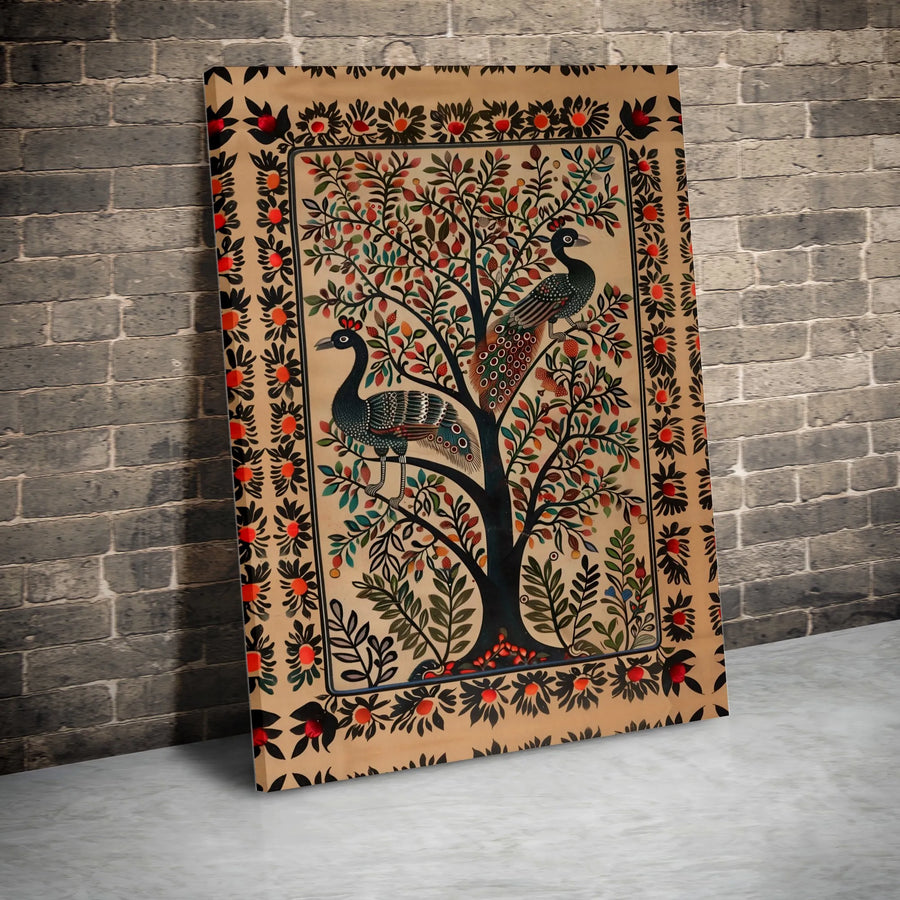 Indian Folk Art Canvas Print | Tree of Life with Peacocks | 1.25-Inch Gallery Wrap | Ethnic Wall Decor for Home Office