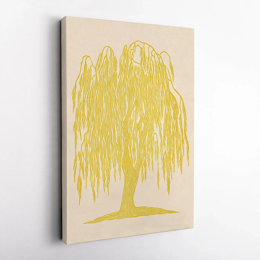 Weeping Willow Tree Vertical Canvas | Minimalist Golden Line Art | Premium Gallery Canvas Print | Modern Boho Home Decor Gift