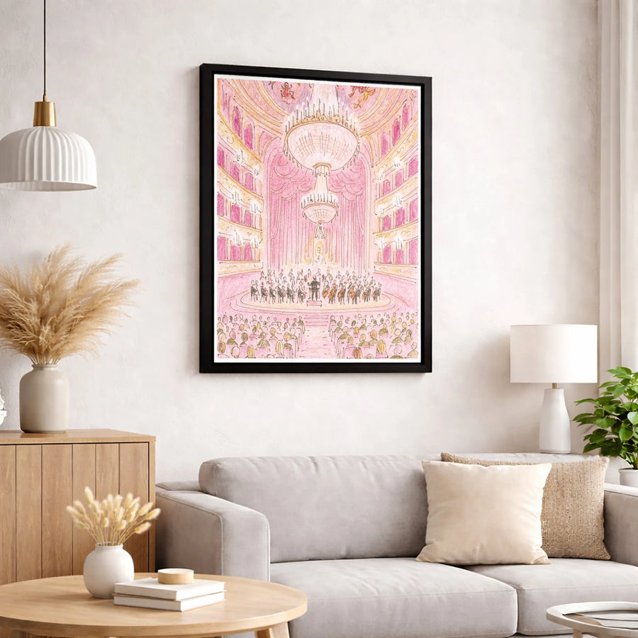Opera House Wall Art | Pink Symphony Orchestra Illustration | Premium Gallery Canvas | Music Lover Gift Decor