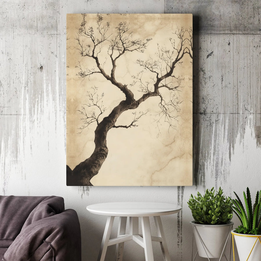 Gnarled Bare Tree Canvas Wall Art | Vintage Sepia Botanical Drawing | Premium 1.25" Framed Gallery Print | Nature-Inspired Home Office Decor