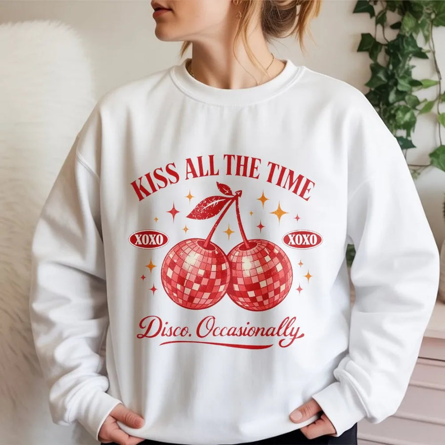 Retro Disco Cherry Sweatshirt | Kiss All The Time Funny Quote | Soft Cotton Blend | Unisex 70s Aesthetic Gift for Music Lovers