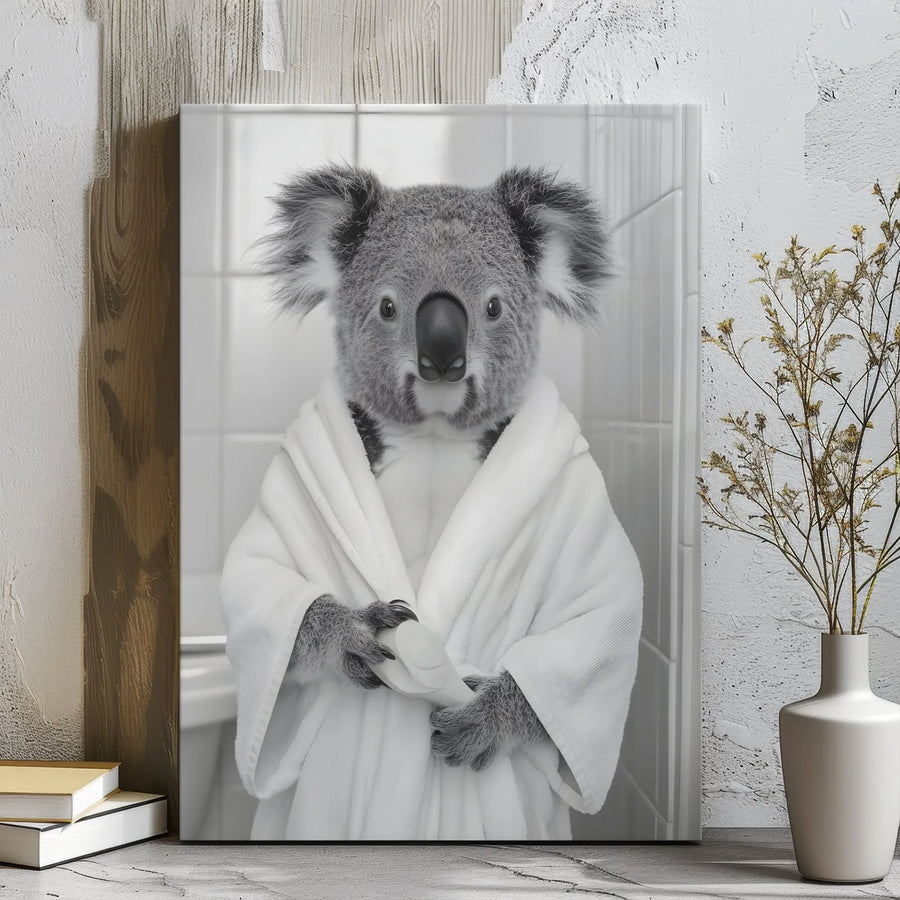 Koala In Bathrobe Wall Art | Whimsical Bathroom Animal Portrait | Premium Gallery Wrapped Canvas | Funny Home Decor Gift