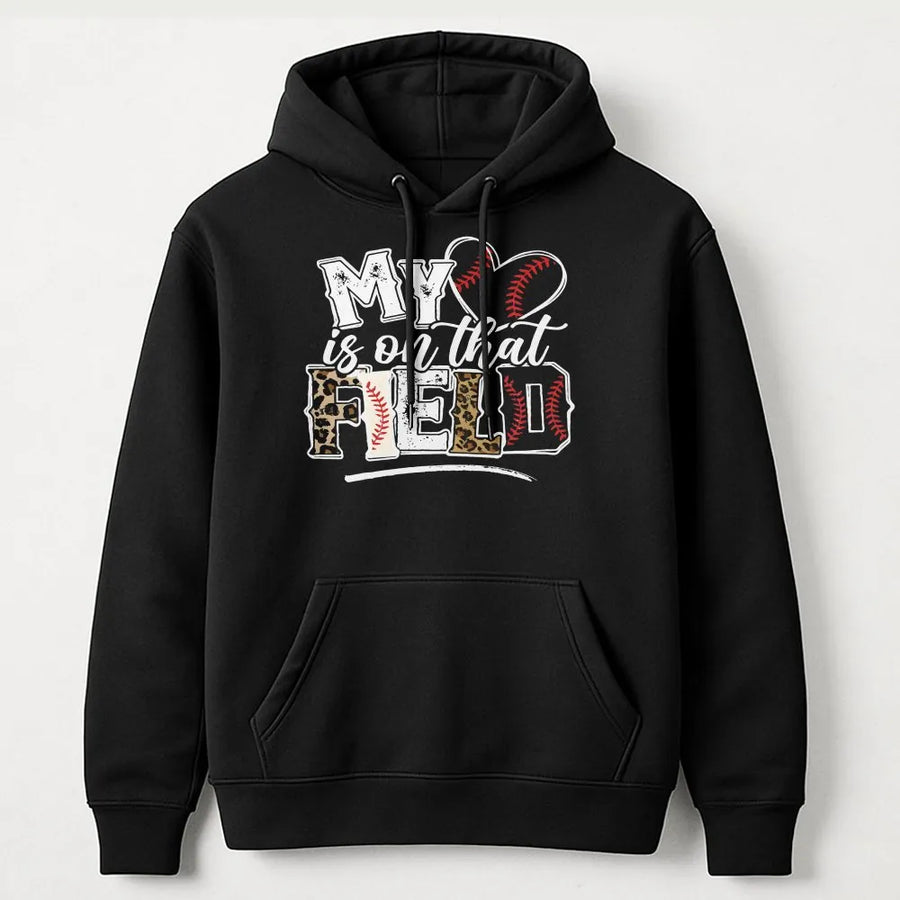 Baseball Mom Hoodie | My Heart Is On That Field Leopard Print Graphic | Soft Cotton-Poly Blend | Mother's Day Gift for Baseball Mama