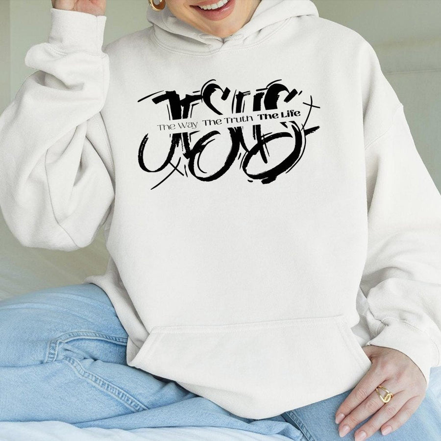 Jesus The Way The Truth The Life Hoodie | Urban Scripture Graphic Print | Premium Cotton-Blend Fleece | Christian Faith Gift for Men and Women