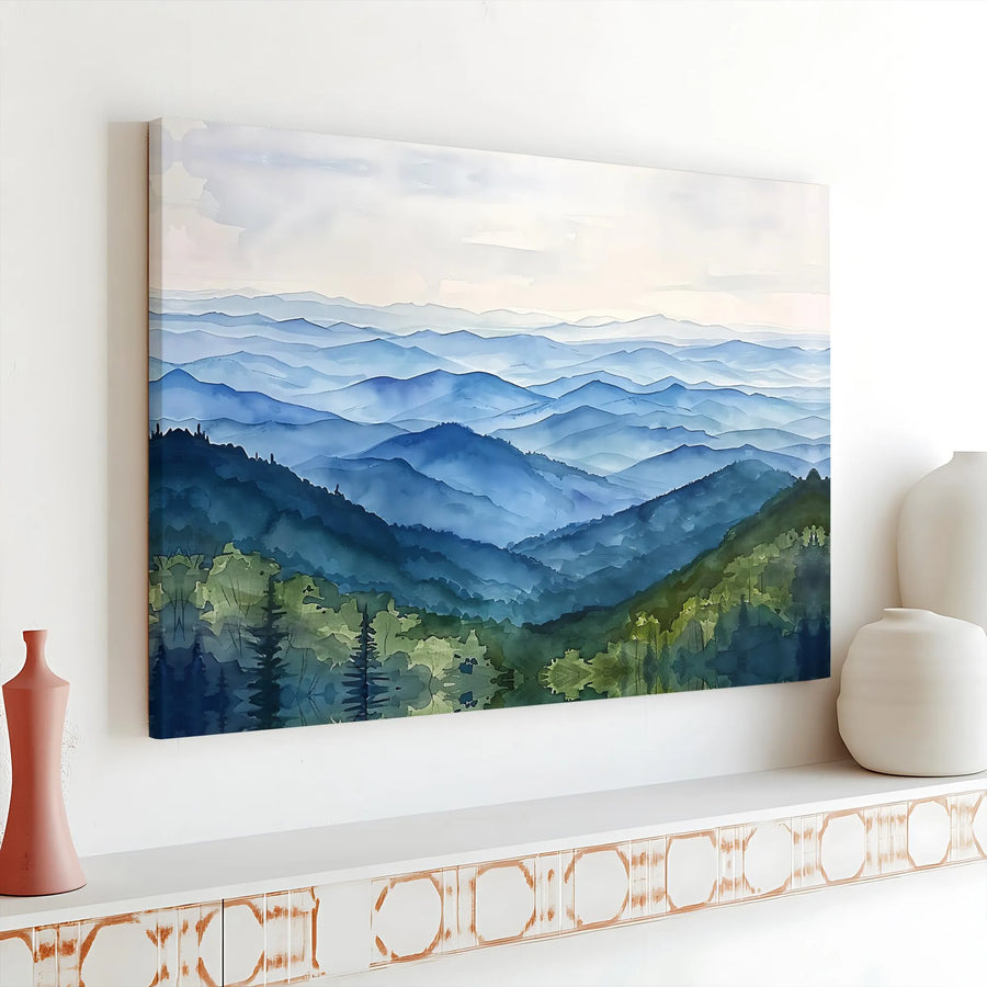 Blue Mountain Landscape Canvas Art | Watercolor Misty Forest Wall Decor | Premium Gallery Wrapped Print | Nature Inspired Living Room Gift