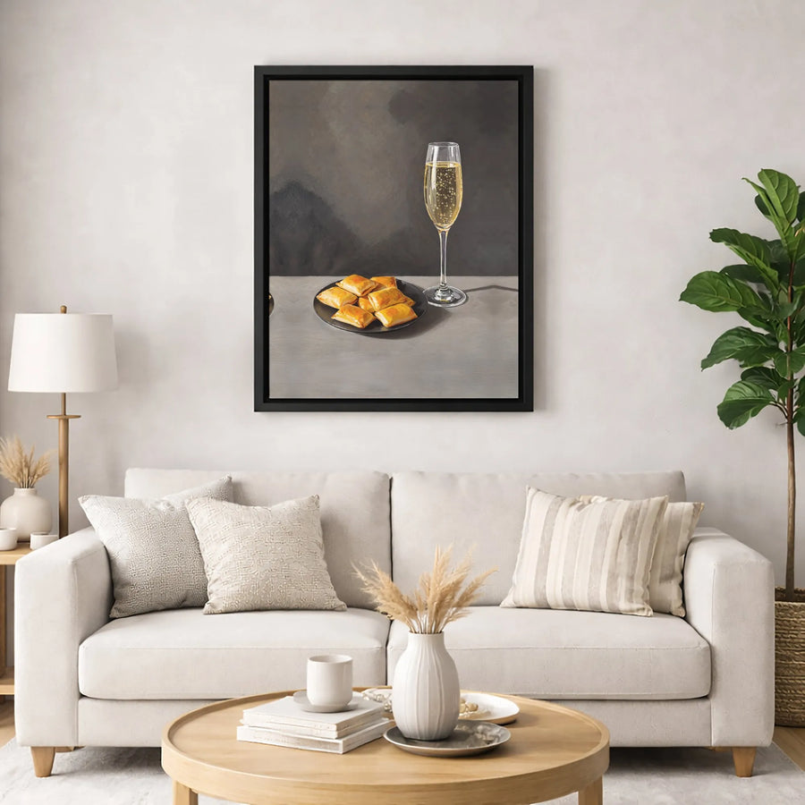 Champagne And Pizza Rolls Still Life Canvas Art | Humorous Foodie Wall Decor | Premium 1.25" Gallery Wrap | Funny Kitchen Bar Print Gift