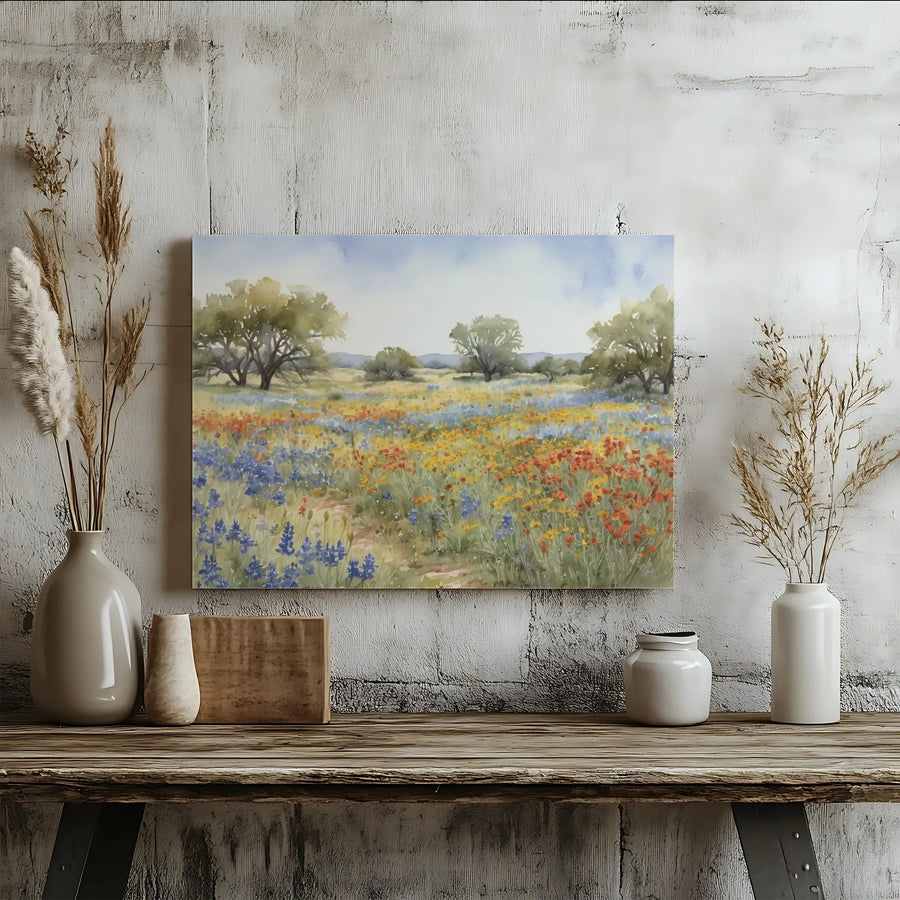 Texas Wildflower Canvas Wall Art | Watercolor Bluebonnet Field Painting | Premium Gallery Wrapped Canvas | Rustic Farmhouse Wall Decor Gift