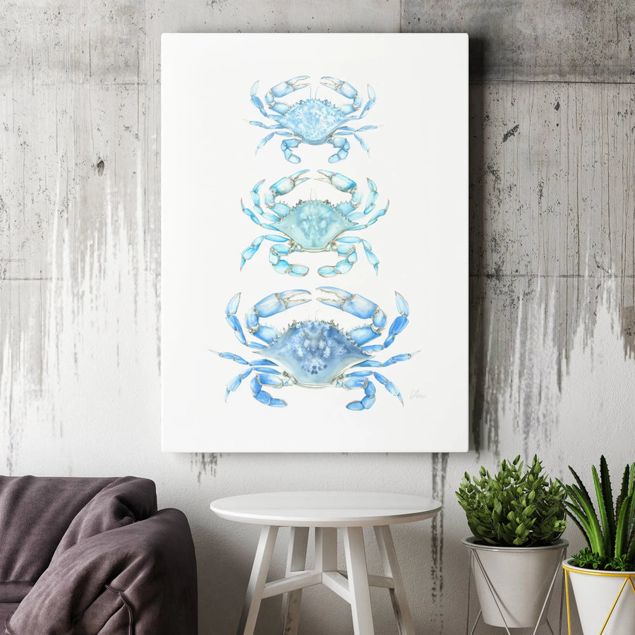 Blue Crab Wall Art | Triple Stacked Coastal Watercolor Print | Gallery Quality 1.25" Stretched Canvas | Beach House Decor Gift for Ocean Lovers
