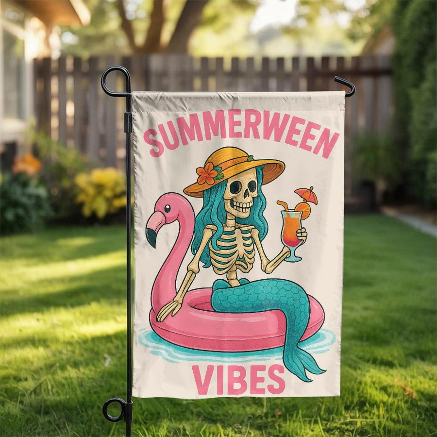 Summerween Garden Flag | Mermaid Skeleton Flamingo Pool Float | Weather-Resistant Polyester Yard Decor | Spooky Cute Summer Beach Party Gift