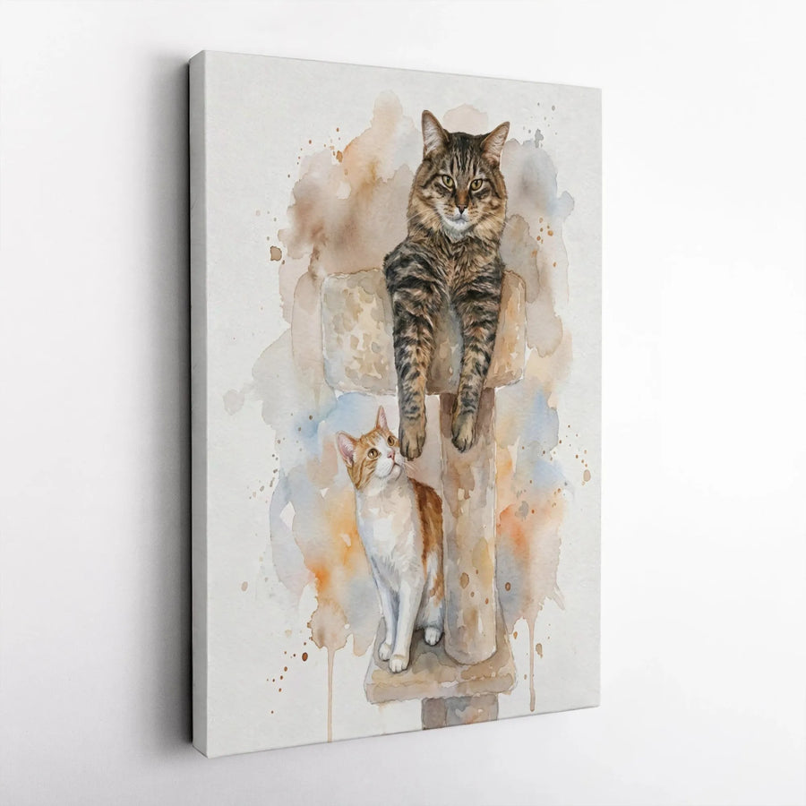 Watercolor Cat Canvas Art | Two Cats on Cat Tree Painting | 1.25 Inch Gallery Wrap | Premium Animal Lover Home Decor Wall Print