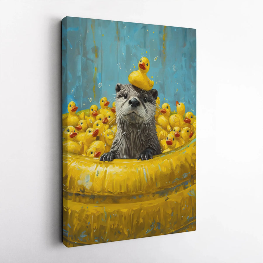 Otter In Bathtub With Rubber Ducks Canvas Wall Art | Whimsical Animal Portrait | Premium Gallery Wrap | Nursery And Bathroom Decor Gift