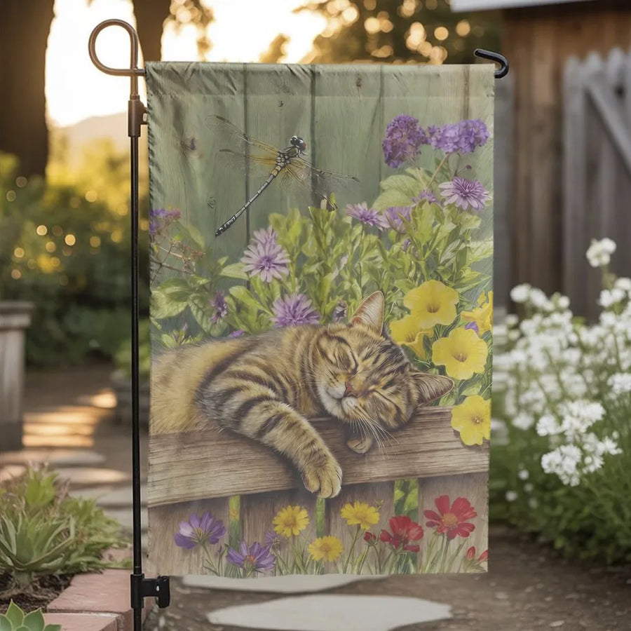 Sleeping Cat Garden Flag | Vintage Floral Illustration with Dragonfly | Premium Double Sided Polyester | Gift for Cat Lover Yard Decor