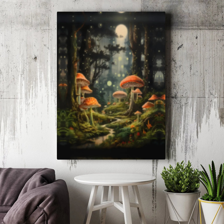 Enchanted Forest Mushroom Wall Art | Glowing Woodland Moonscape Canvas | Gallery Wrap Premium Print | Whimsical Home Decor Gift