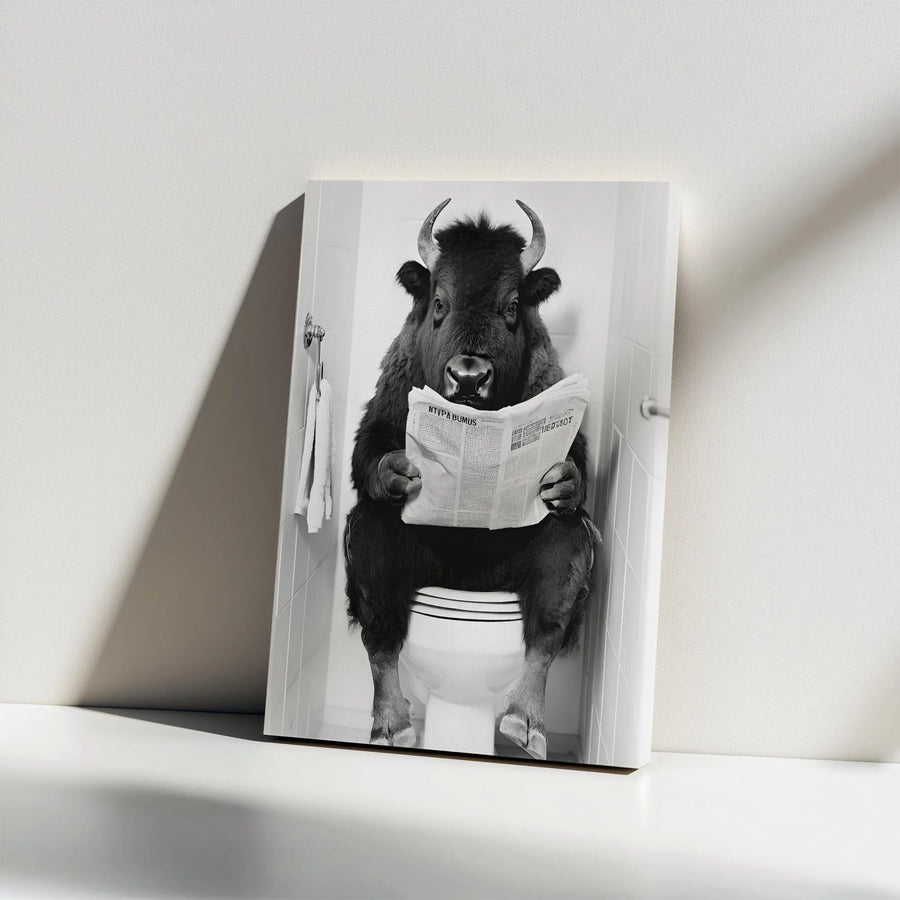 Bison Reading Newspaper On Toilet Canvas Wall Art | Funny Bathroom Decor | Premium Gallery Wrap | Humorous Gift For Men Office Decor