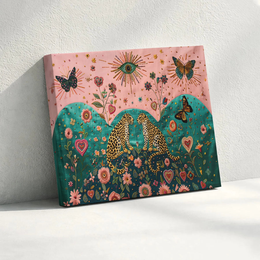 Leopard Wall Art Canvas | Whimsical Boho Botanical Print | Premium Gallery Wrap Decor | Unique Gift for Animal Nature Lovers
