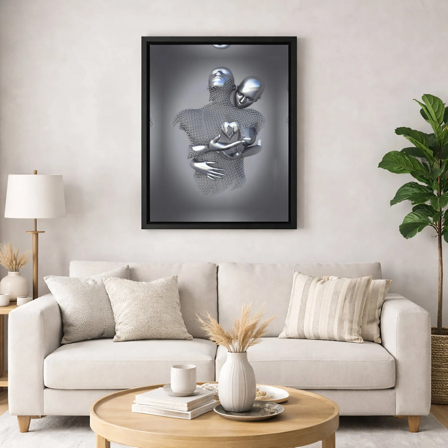 Abstract Metallic Embracing Figures Wall Art | Modern Chainmail Couple with Heart | Premium 1.25-Inch Canvas Print | Unique Romantic Home Decor Gift