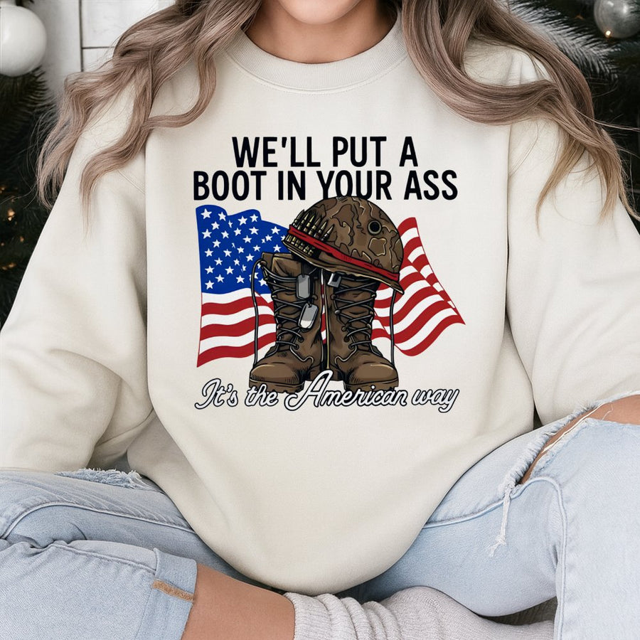 American Flag Military Sweatshirt | Patriotic Army Boot Helmet Graphic | Premium Cotton Blend | Gift for Veterans and Country Music Fans
