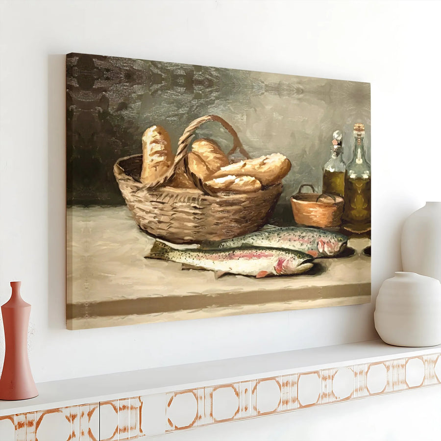 Vintage Still Life Canvas Art | Classic Trout & Bread Oil Painting Style Print | Premium Thick Gallery Canvas | Rustic Kitchen & Dining Room Decor Gift